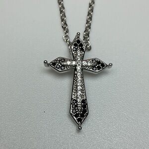 Black White Cross Necklace Silver CZ Pave Christian Faith Pendant Necklace